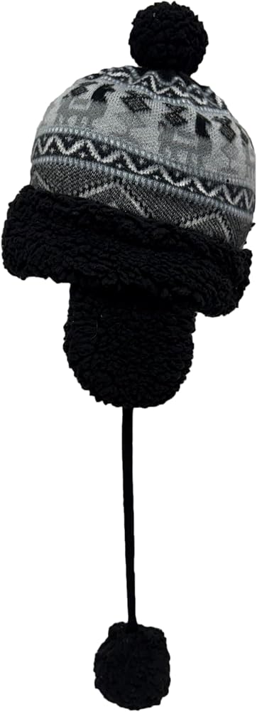 Winter Alpaca Black Beanie Hat with Earflaps Women Men Unisex Ski